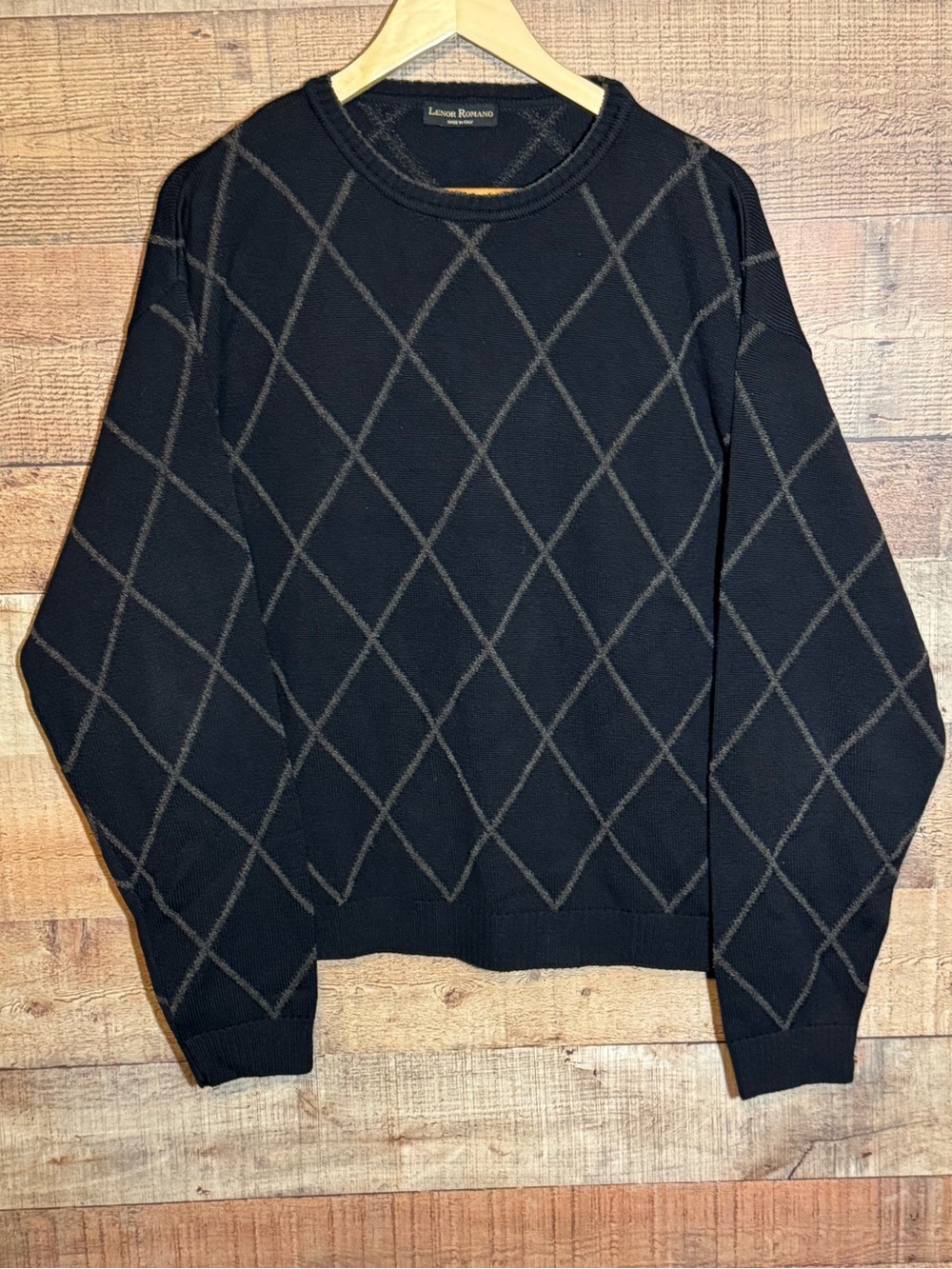 Vintage Lenor Romano Made in Italy Black/Tan Diamond Wool Sweater Men’s Large